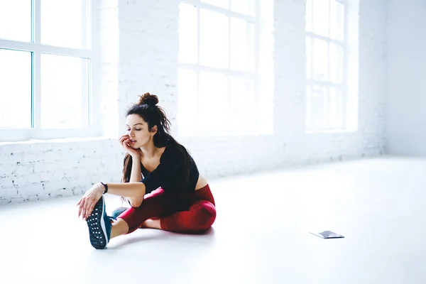 Tired Fit Girl Stretching Body Muscles Exercising Gym Studio Feeling — Fotografia de Stock