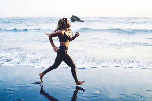 Motivated Female Jogger Running Seashore Coastline Morning Routine Training Power — Stock Photo, Image