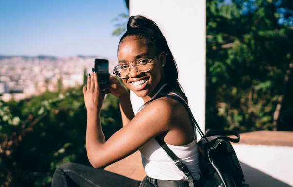 Portrait Joyful Hipster Girl Optical Eyewear Provide Vision Protection Smiling — Fotografia de Stock