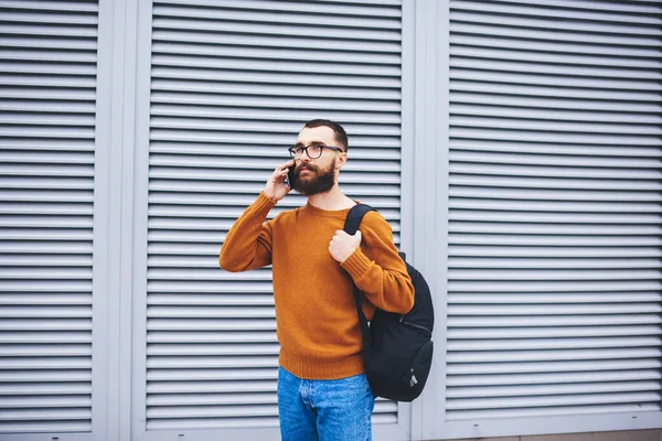 Thoughtful Bearded Male Wearing Casual Clothes Looking Away Standing Street — Stock Photo, Image