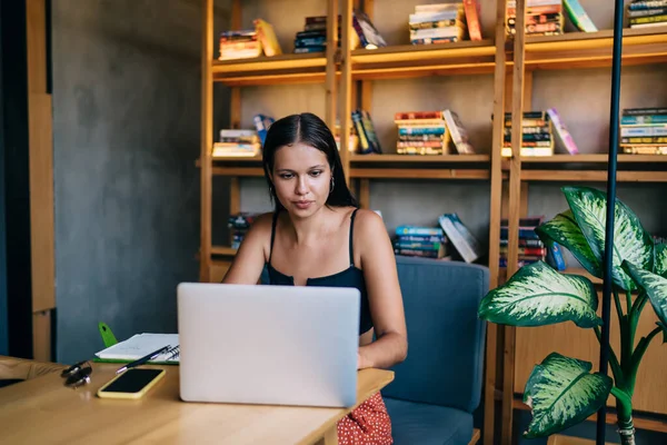 Positive Young Brunette Trendy Summer Clothes Browsing Contemporary Netbook While — Stock Photo, Image