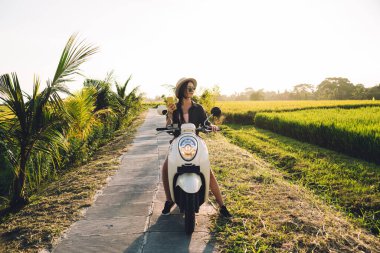 Yaz tatillerinde vintage motorlu taşımacılığı test eden çekici bayan seyahat blogcusu cep telefonu cihazıyla ağ kuruyor, akıllı telefonlu güzel hippi kız scooter 'ın üzerinde dinleniyor.