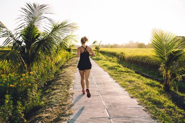 Vietnam 'da güneşli bir günde yeşil pirinç tarlaları arasında boş patikada koşan sıradan yaz kıyafetleri içinde tanınmayan bir kadının arka görüntüsü.