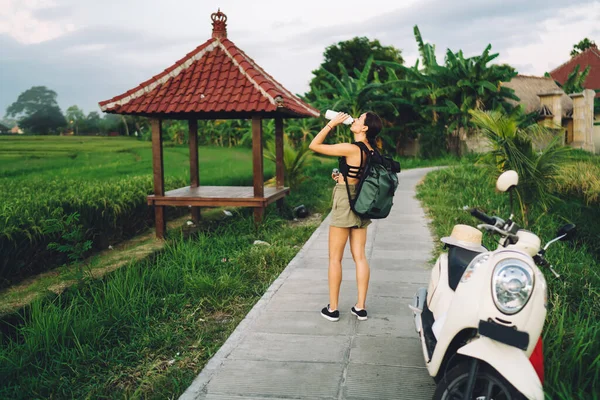 Achteraanzicht Van Full Body Vrouwelijke Reiziger Casual Outfit Rugzak Staan — Stockfoto