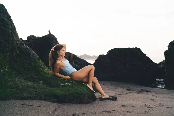 Side View Full Length Barefoot Dreamy Female Swimsuit Looking Away — стокове фото