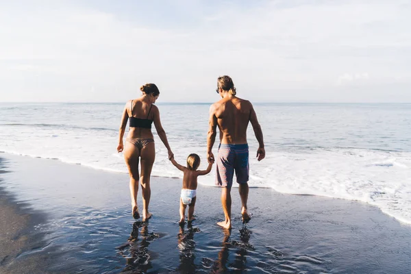Back View Family Swimwear Toddler Diaper Walking Seashore Sandy Beach — Stock Photo, Image
