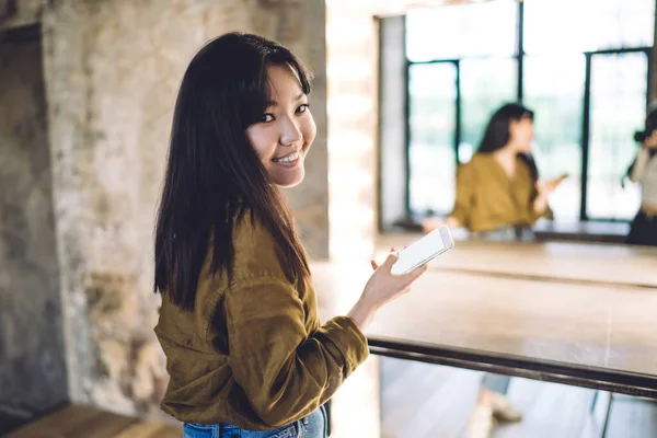 Half Length Portrait Cheerful Asian Blogger Modern Smartphone Gadget Hand — стоковое фото