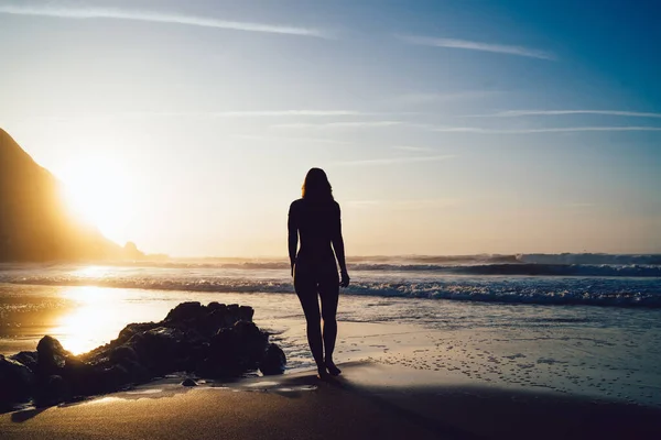 Back View Full Length Slim Woman Swimwear Standing Sandy Seashore — Fotografia de Stock