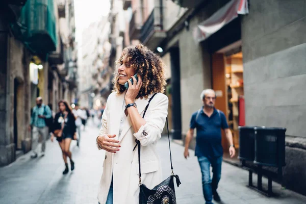 Happy Hipster Girl Stylish Wear Connecting Internet Roaming Making International — Stockfoto