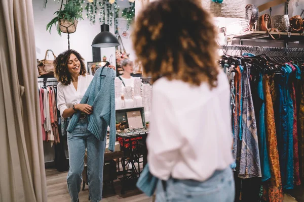 Happy Woman Hanger Trying Clothes Mirror Merchandise Boutique Mall Cheerful — Fotografia de Stock