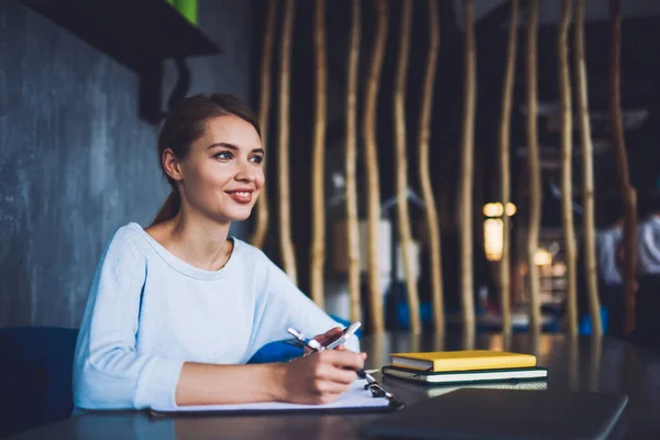 Happy Smart Woman Casual White Clothes Sitting Table Documents Mobile — Foto Stock