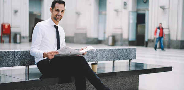 Portrait Successful Businessman Dressed Formal Wear Holding Morning Newspaper Smiling — Foto Stock