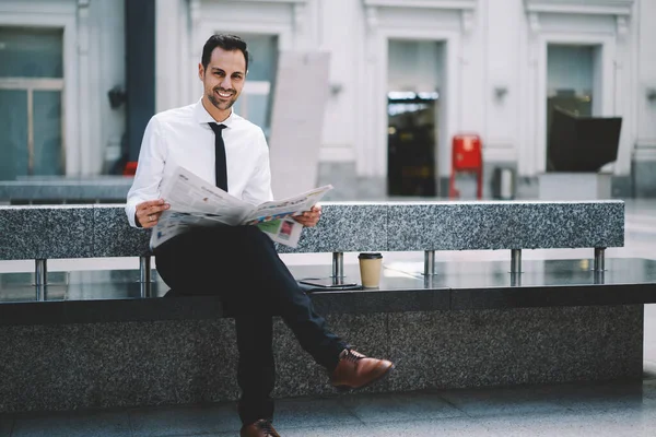 Portrait Successful Businessman Dressed Formal Wear Holding Morning Newspaper Smiling — Foto Stock