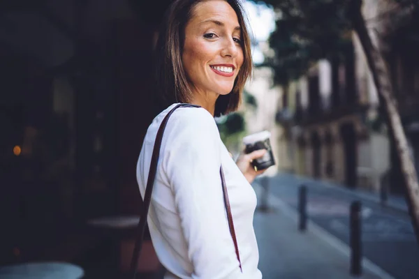 Half Length Portrait Cheerful Caucasian Woman Coffee Cup Walking City — Fotografia de Stock