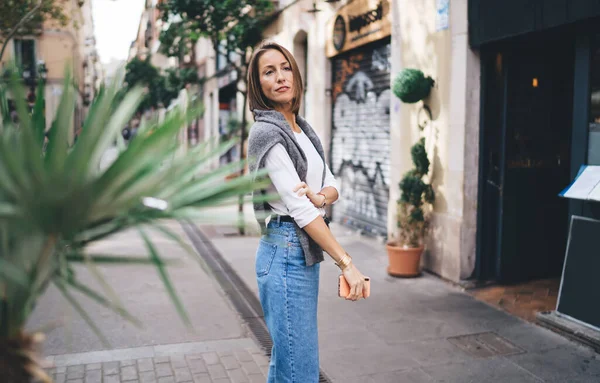 Pensive Female Blogger Modern Cellphone Device Hand Standing Urban Street — стоковое фото