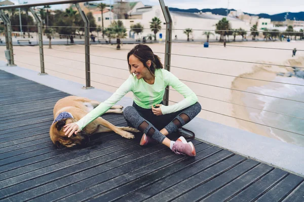 Gorgeous Woman Having Good Time Morgel Pet Resting Coastline Pier — стоковое фото