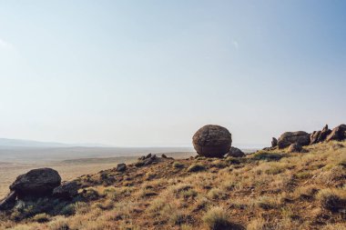 Torysh Toplar Vadisi 'nde bulutsuz mavi gökyüzüne karşı kuru çimlerle çevrili taşlarla çevrili büyük kayaların resimli görüntüsü.