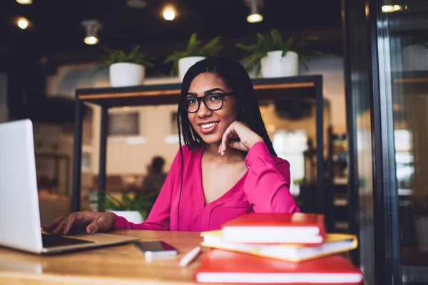 Happy African American Female Teleworker Braids Casual Outfit Eyeglasses Browsing — Fotografia de Stock