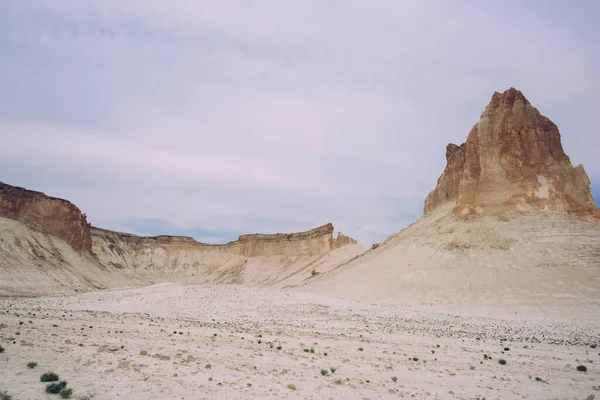 植物や石で覆われた砂の表面と水のない砂漠の谷で曇った空の下に位置する岩の形成の壮大な景色 — ストック写真