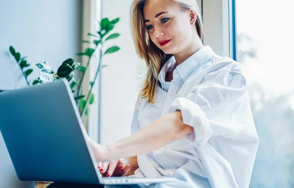 Positive Young Female Freelancer White Blouse Rolled Sleeves Sitting Window — Stock Photo, Image