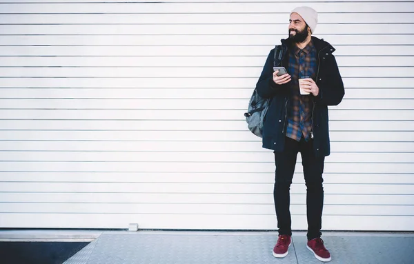 Casual Dressed Hipster Backpacker Modern Cellphone Technology Caffeine Beverage Hands — Foto Stock