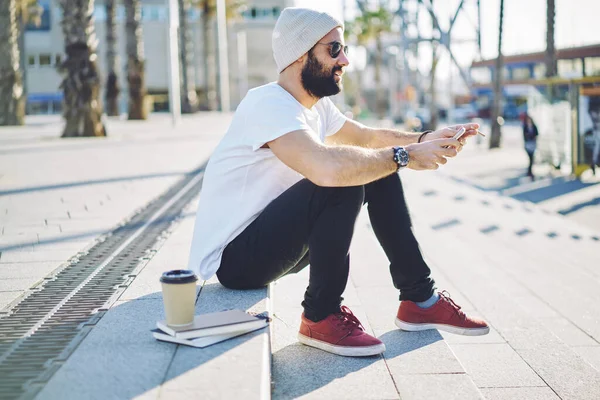 Addicted Man Cigarette Reading Text Message Received Cellular Technology Middle — Stock Photo, Image