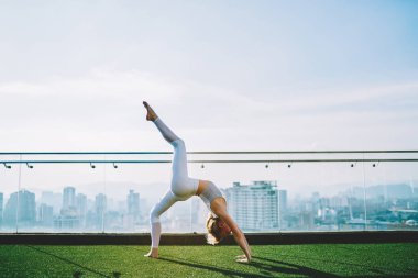 İleri düzey yoga pratiği yapan ve Urdhva Dhanurasana Tek Ayaklı Tekerlek pozu alan genç atletik kadın.