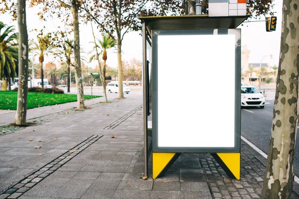 Modern Blank Advertising Billboard Bus Stop Next Roadway Cars Driving — Fotografia de Stock