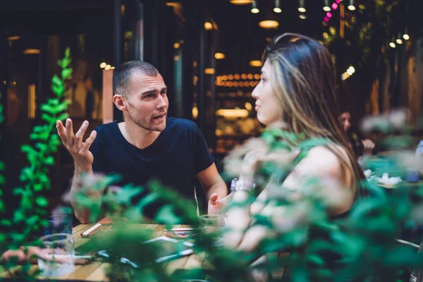 Side View Asian Female Caucasian Man Have Public Quarrel Street — стокове фото