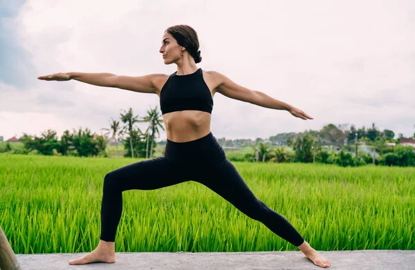 Energetic Slim Woman Tracksuit Doing Warrior Pose Yoga Exercises Morning — Photo