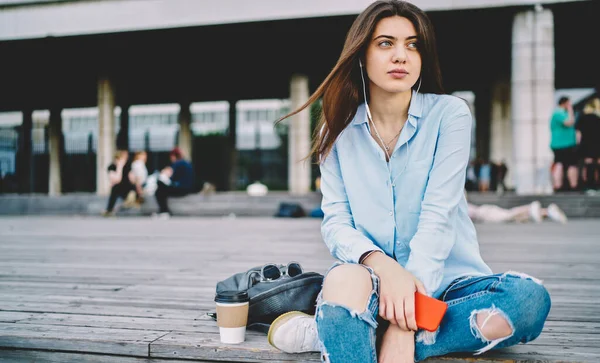 Pondering Caucasian Woman Electronic Headphones Listening Audio Book Thinking Plot — Foto Stock