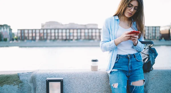 Millennial Woman Reading Incoming Notification Modern Smartphone Device Mailing Embankment — Stock Fotó