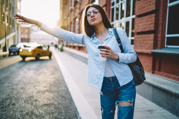 Young Charming Woman Glasses Vision Protection Gesturing While Standing Road — Stockfoto