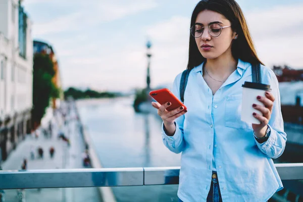 Young Woman Blogger Spectacles Checking Mail Sending Messages Smartphone Millennial — Zdjęcie stockowe