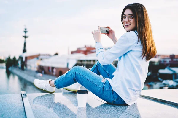 Portrait Cheerful Hipster Girl Optical Eyewear Smiling Camera While Using — Stock Fotó