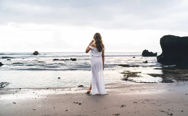 Back View Full Length Barefoot Female White Dress Standing Sandy — Fotografia de Stock