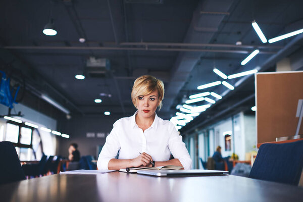 Serious Female Office Worker White Formal Shirt Looking Away While Stock Photo