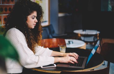 Uzaktan bağımsız iş yapmak için laptop uygulaması kullanarak metin yazısıyla çalışan güzel bir kadın metin yazarı. Netbook 'ta ağ kurmak için kıvırcık saçlı internet sitesi olan bin yıllık hippi kız.