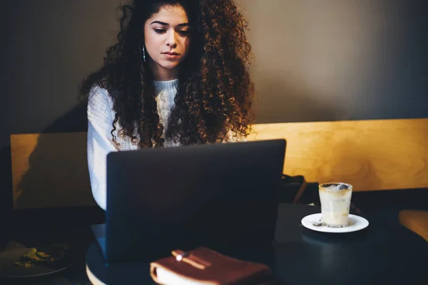 Curly Female Programmer Checking Software Text Laptop Working Distance Job — Stock fotografie