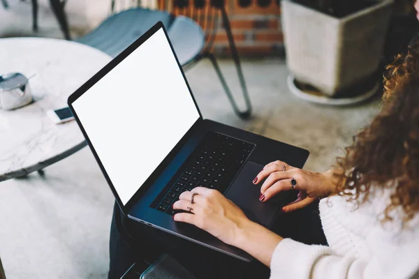 Cropped Female Freelancer Using Mock Laptop Computer Copy Space Area — Foto de Stock