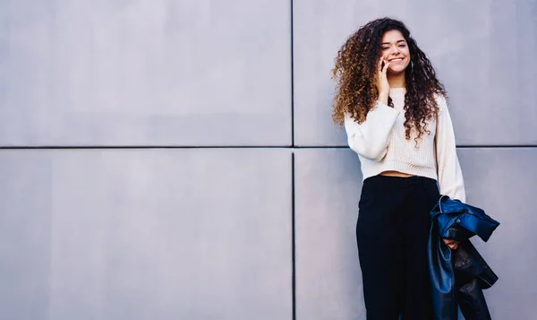 Half Length Cheerful Hipster Girl Curly Hair Calling Friend Discussing — стоковое фото