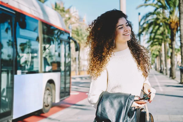 Carefree Attractive Hipster Girl Looking Away Smiling Summer Solo Travelling — Stock Fotó