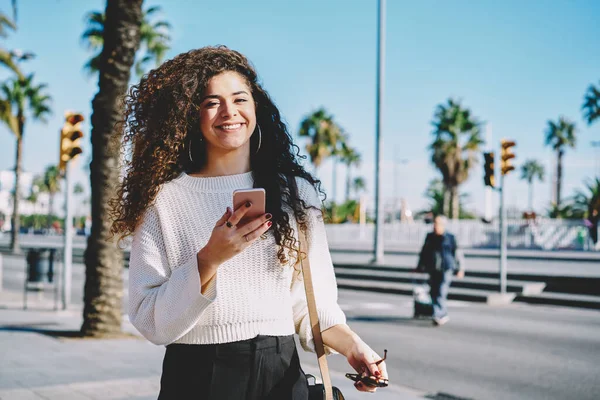 Half Length Portrait Cheerful Female Blogger Using Media Application Smartphone — Stockfoto