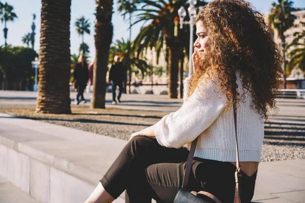 Millennial Hipster Girl Curly Hair Using Cellphone Application Roaming Connection — Stock Photo, Image