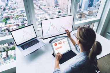 Resmi olarak anonim bir kadının yüksek açılı arka görüntüsü masada oturuyor ve kripto para birimi bitcoin grafiği ile çalışıyor.