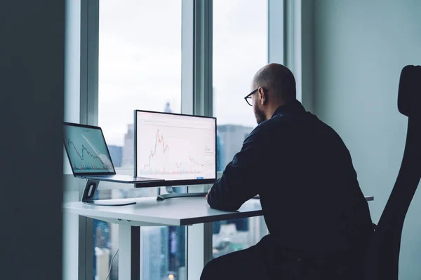 Back View Anonymous Male Analyst Eyeglasses Watching Desktop Computer Screens — 스톡 사진