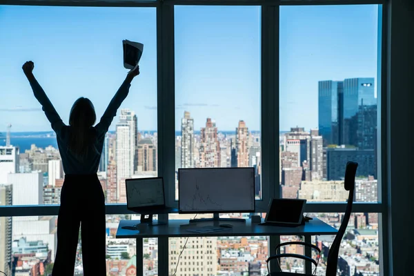 Back View Unrecognizable Female Entrepreneur Standing Glass Wall Arms Raised — ストック写真