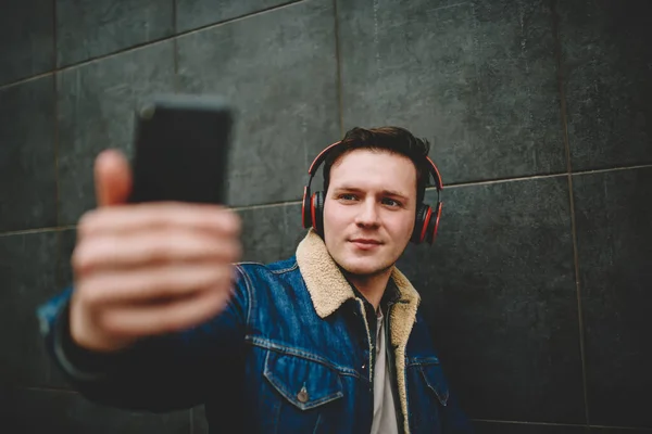 Glad Handsome Male Headphones Listening Music Taking Selfie Camera Mobile — Stock Photo, Image