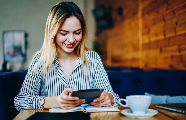 Cheerful Hipster Girl Digital Ebook Smiling While Reading Text Leisure — стокове фото