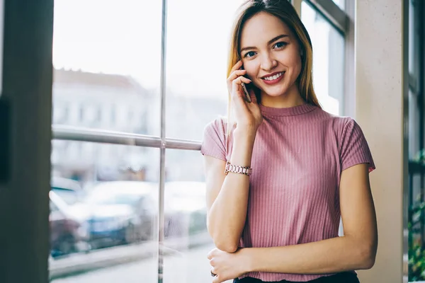 Half Length Portrait Cheerful Female Talking Mobile Application Friend Smiling —  Fotos de Stock